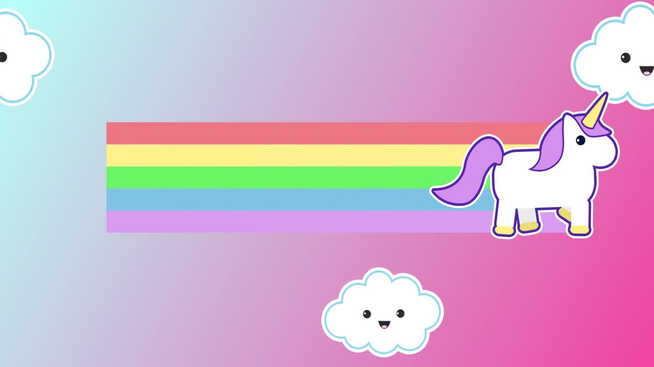 el unicornio caminando y dejando el arco iris atrás.