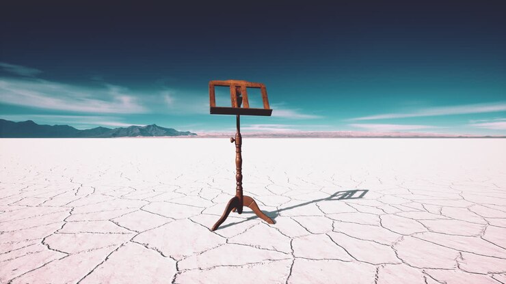 an old music stand is on white salt desert