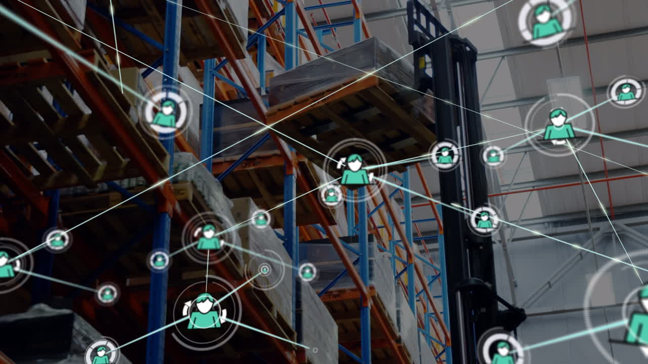 animación de la red de conexiones con iconos sobre el almacén