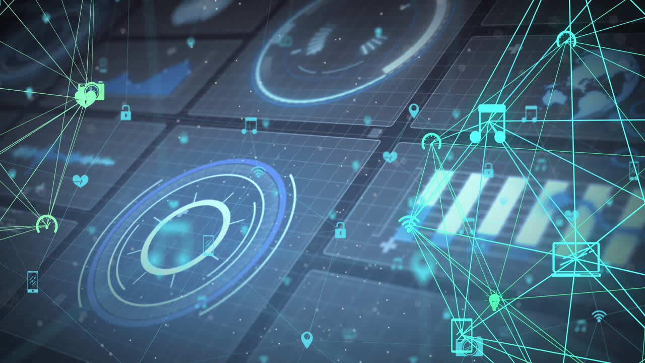 Animation of networks of connections, scopes scanning and data processing on screens over grid