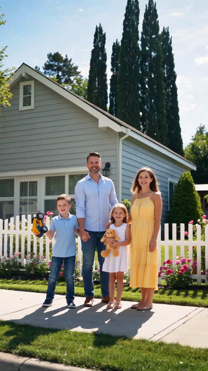 Een familie staat lachend voor hun huis met een wit tuinhek en tuin