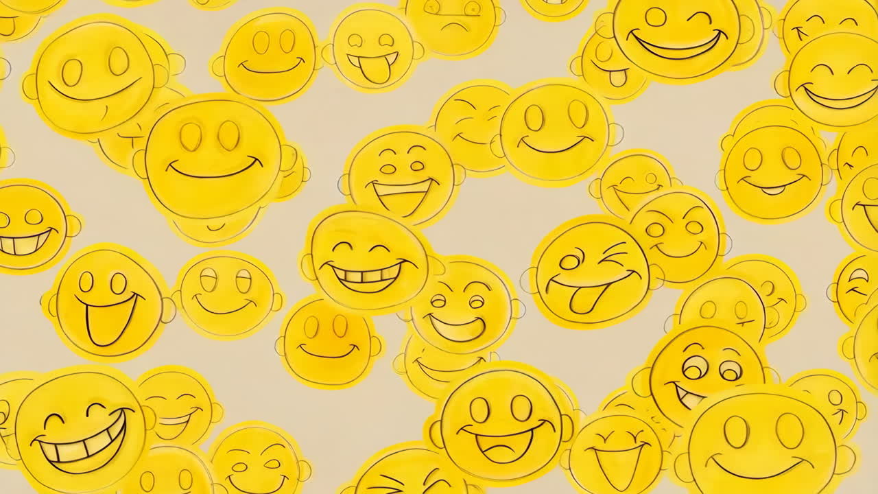 A background of numerous yellow smiley faces with various happy expressions