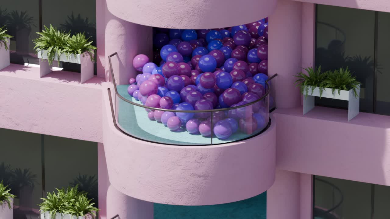 edificio rosa con bolas de colores en el balcón