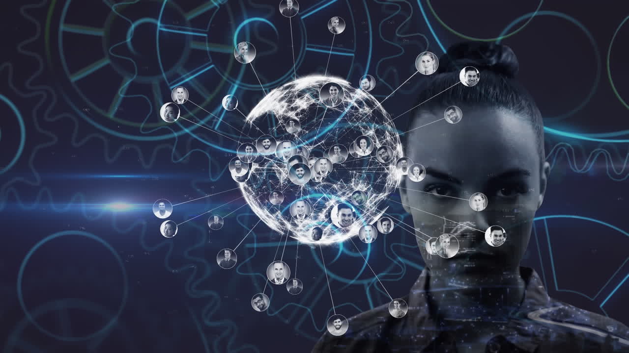 animaciones del globo con una red de conexiones sobre las mujeres caucásicas favoritas en el fondo oscuro