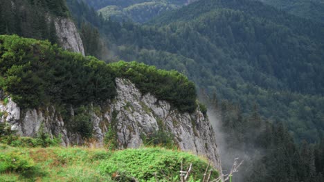 Toma-Panorámica-A-La-Derecha-De-Acantilados-Con-Vegetación-Verde-Sobre-Ellos,-Algunos-Parches-De-Niebla-Y-Un-Interminable-Bosque-Verde-En-El-Fondo