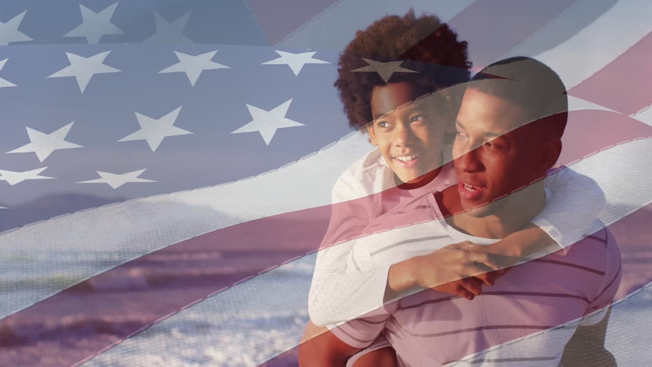 animación de la bandera de los estados unidos de américa sobre un padre e hijo afroamericanos en la playa