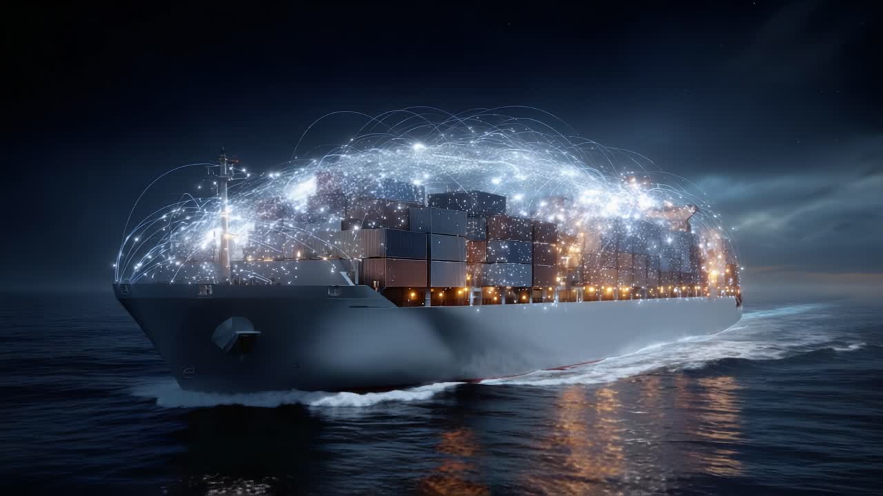 A Maritime Data Revolution: Showcasing the Innovative Connectivity of a Modern Cargo Ship Amidst the Night Sea, Symbolizing Global Trade and Technological Advancement