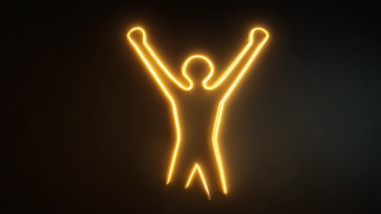 A Radiant Figure Exuding Joy and Celebration: Illuminated Silhouette with Extended Arms in a Vibrant Neon Glow Against a Dark Background, Symbolizing Triumph, Freedom and Exhilaration