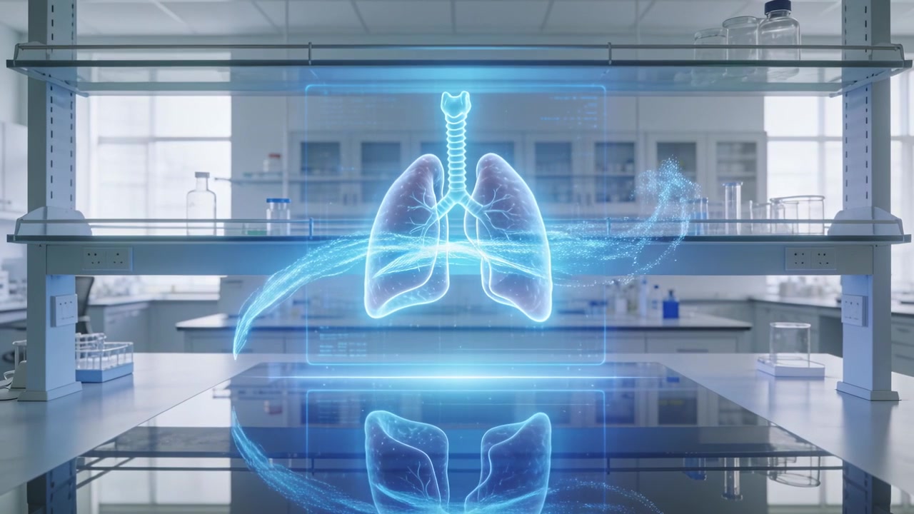 Accendendo il proiettore, si avviano polmoni olografici sopra un banco lucido per scopi scientifici, che pulsano con nastri blu.