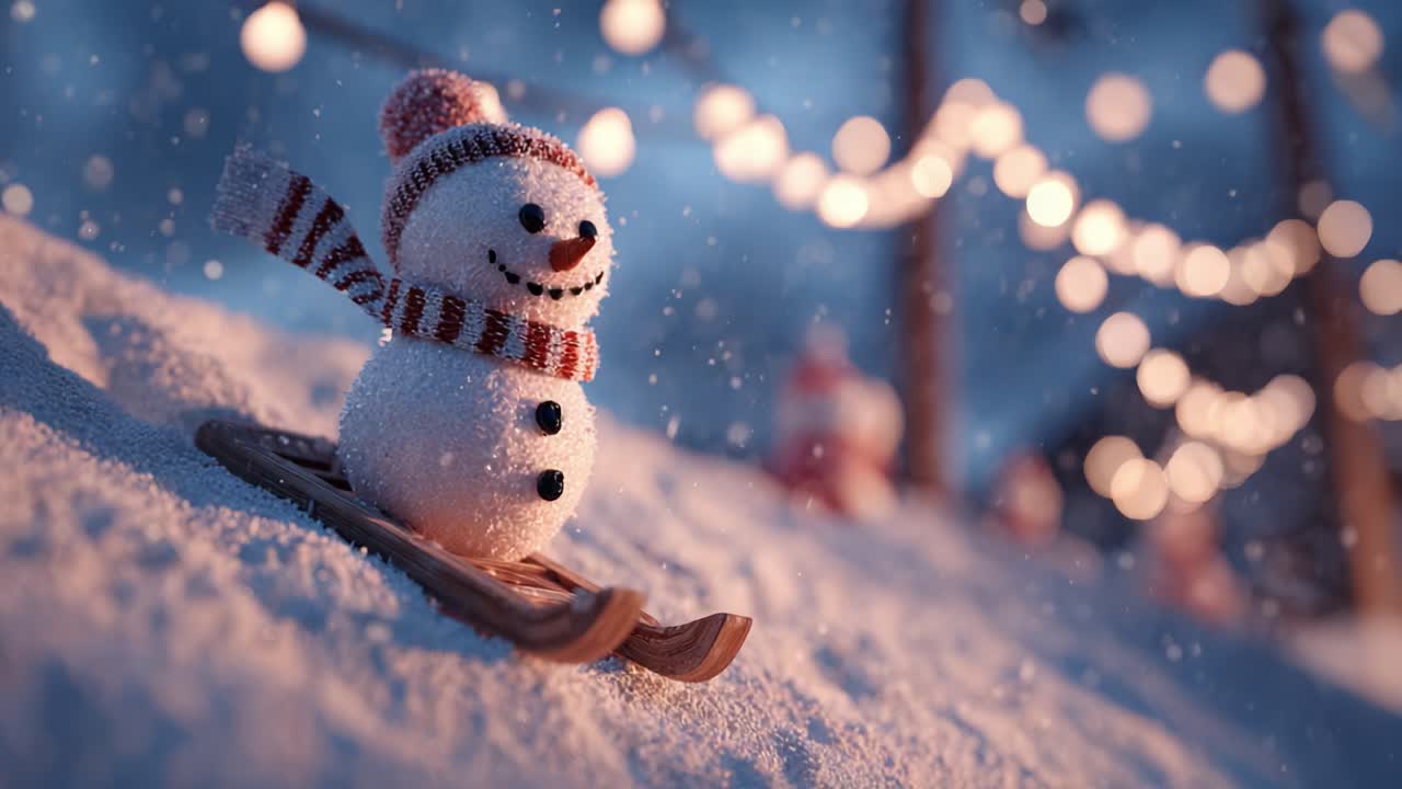 Charming Snowman on a Sled Enjoying a Winter Wonderland with Twinkling Lights and Snowy Landscape During the Holiday Season