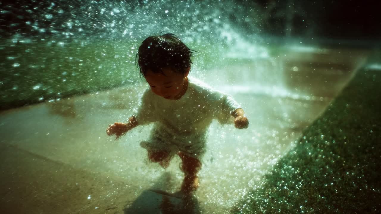 Joyful Child Playing in Sprinkler Water: Capturing the Delight of Summer Fun and Laughter as the Young One Dances Through Water Sprays on a Sunny Day