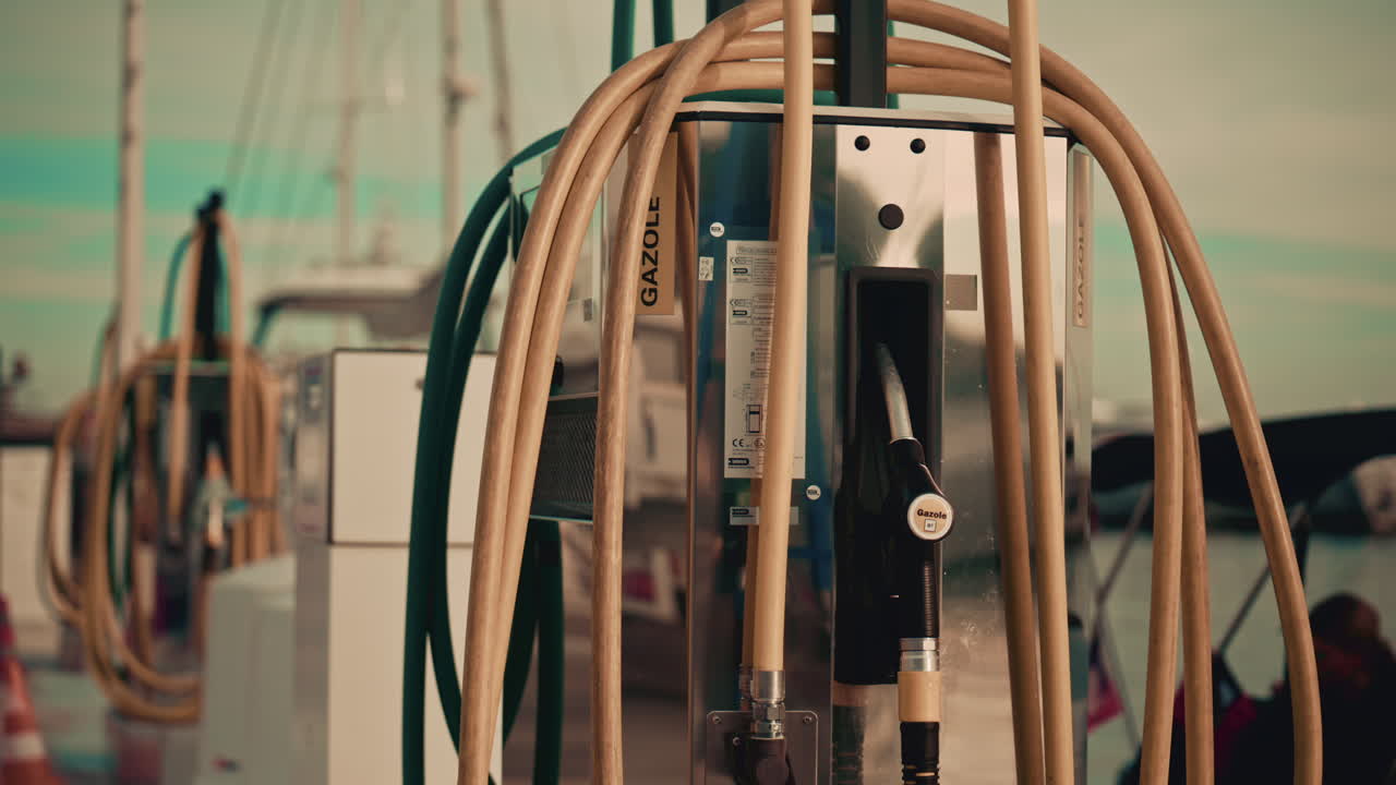 Various hoses coloured in yellow, green, and blue, hang beside modern marina fuel pumps, boat at the fuel station