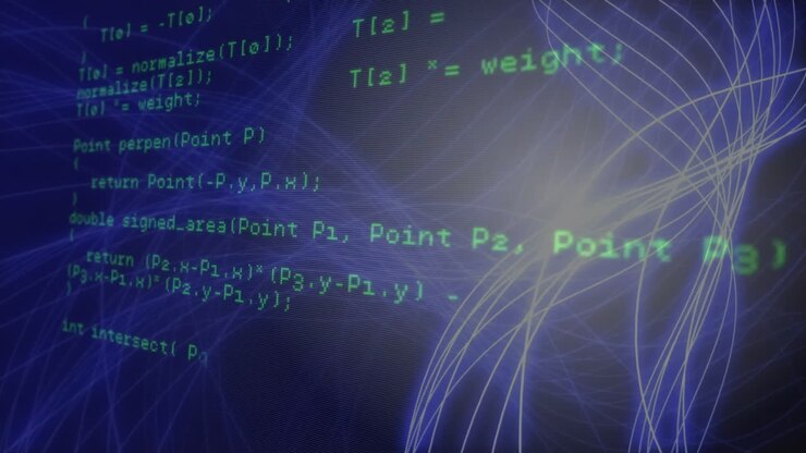 Animatie van programmeercode en wiskundige formules over abstracte blauwe netwerklijnen