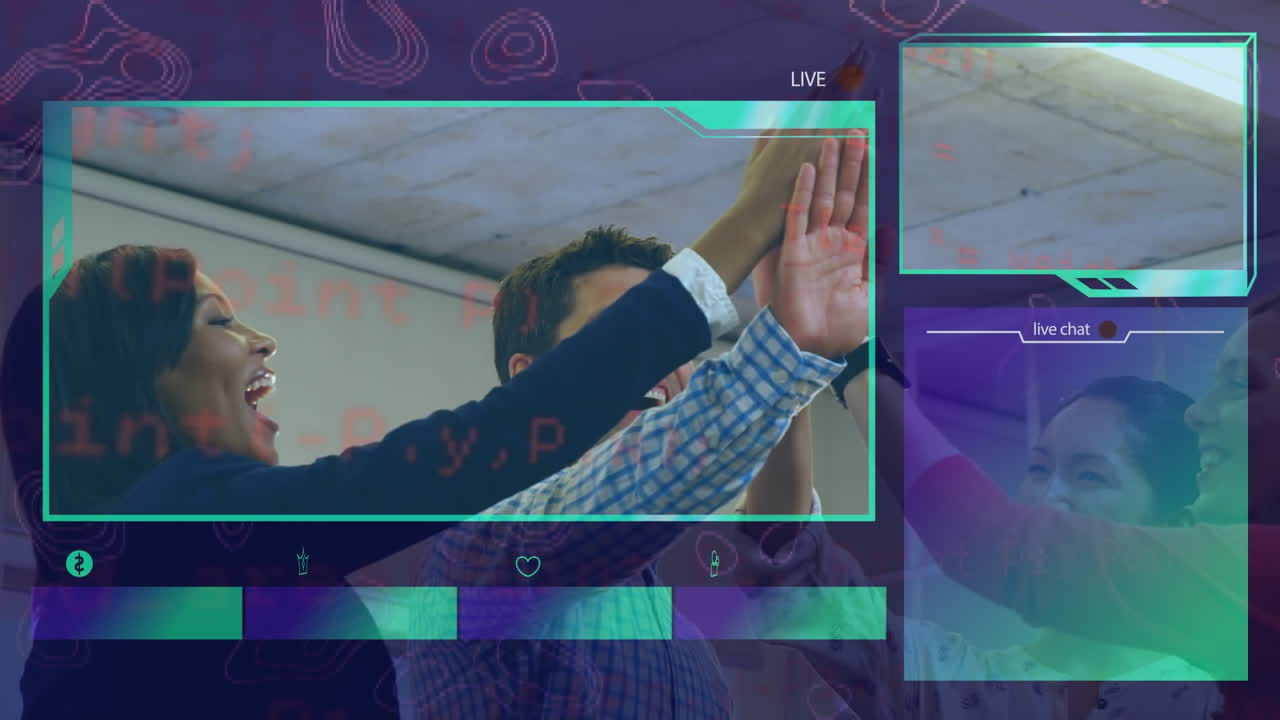 interfaz digital y procesamiento de datos sobre colegas de oficina de alto cinco entre sí en la oficina