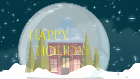 animation of happy holidays text christmas greeting over snow globe and winter landscape