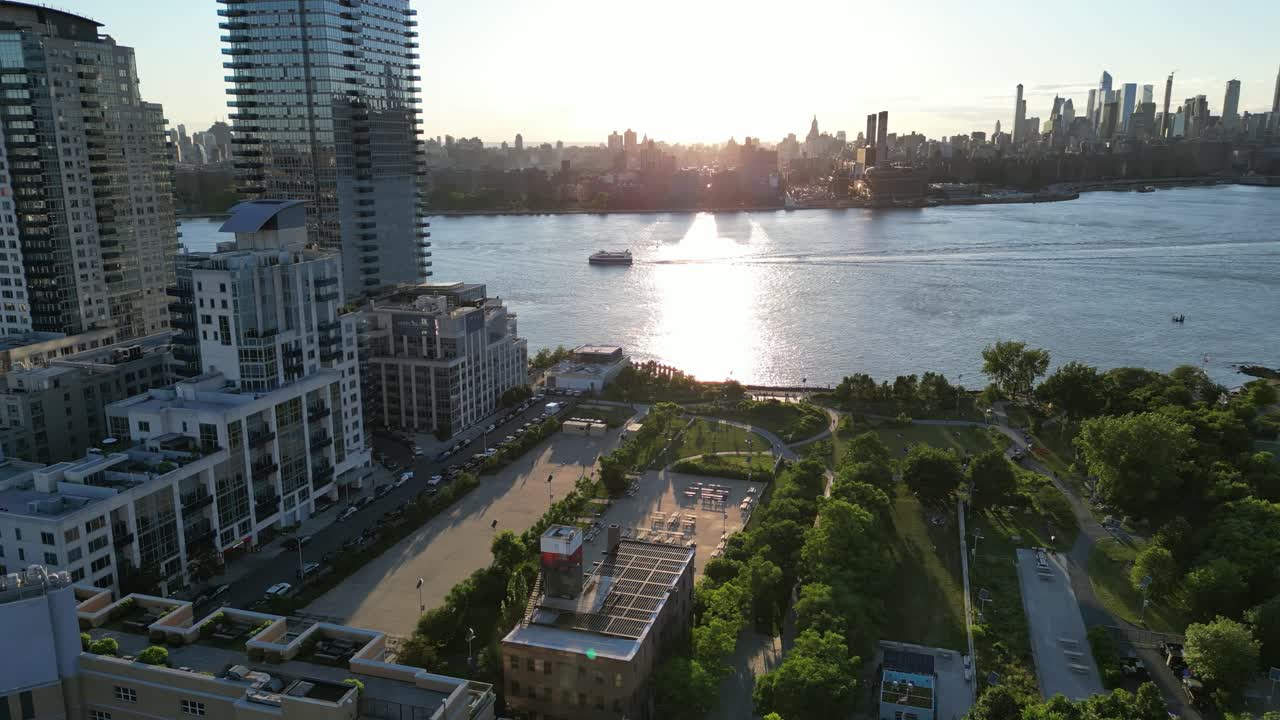 Stunning Sunset Aerial View of Manhattan Skyline and Gantry Plaza State Park
