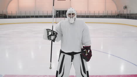 Portrait Of Goalie In Helmet On Ice Rink