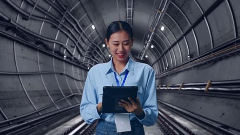 asian female with her tablet in underground subway tunnel, work continuously with her tablet
