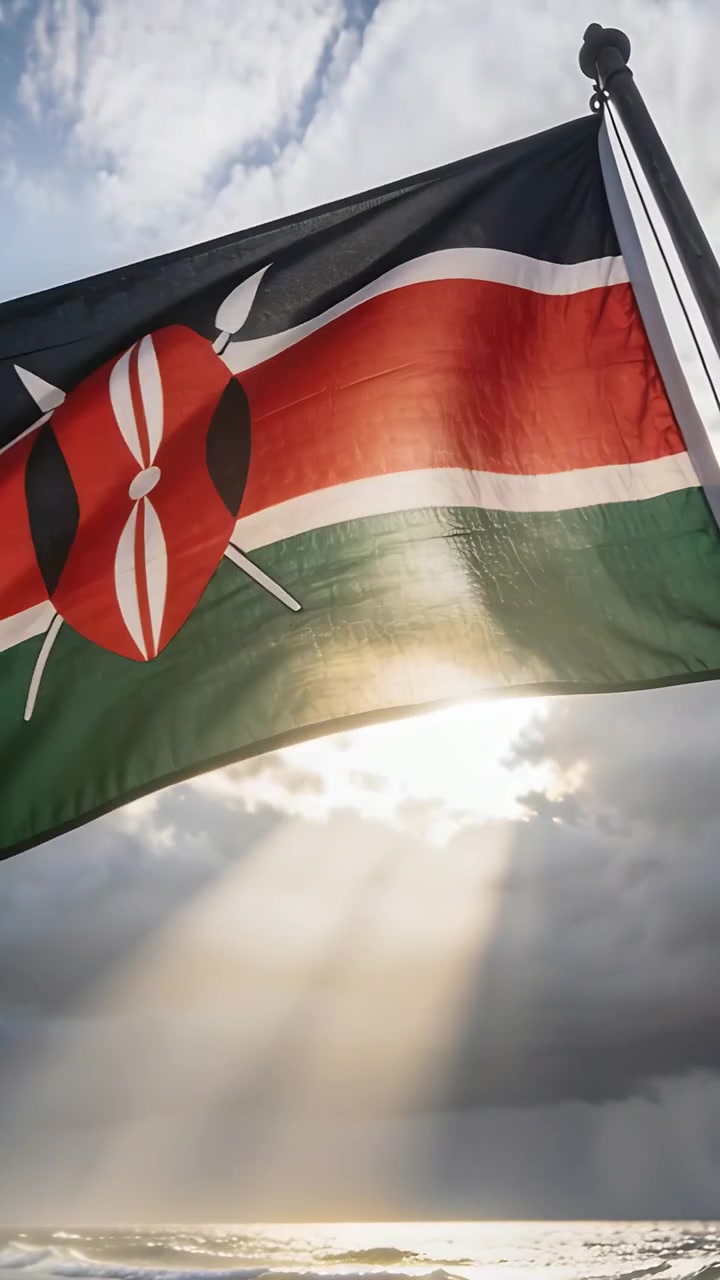 Video vertikal: Bendera Kenya berkibar dengan perisai, tombak di pesisir, angin bergeser, sinar matahari di laut