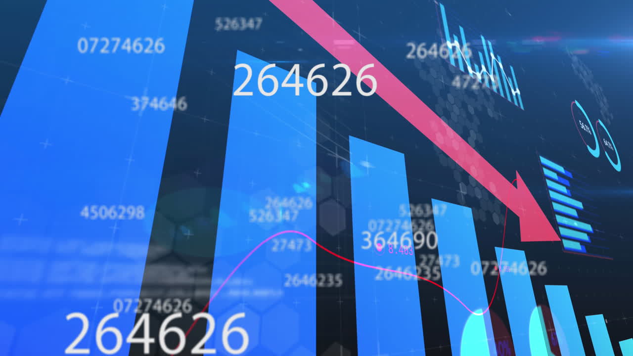 숫자가 바뀌는 애니메이션, 배경에 빨간 화살표가 있는 통계 기록