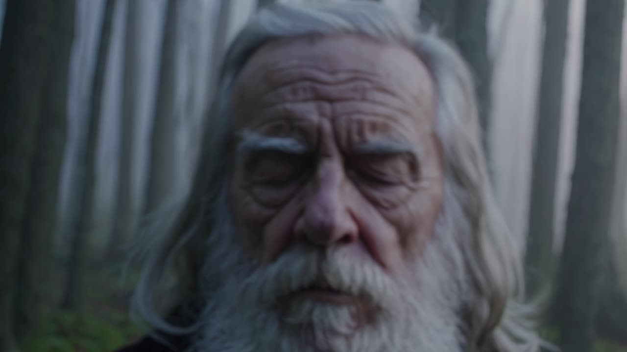 Close-up video of an elderly man with a long beard in a misty forest, capturing an intense