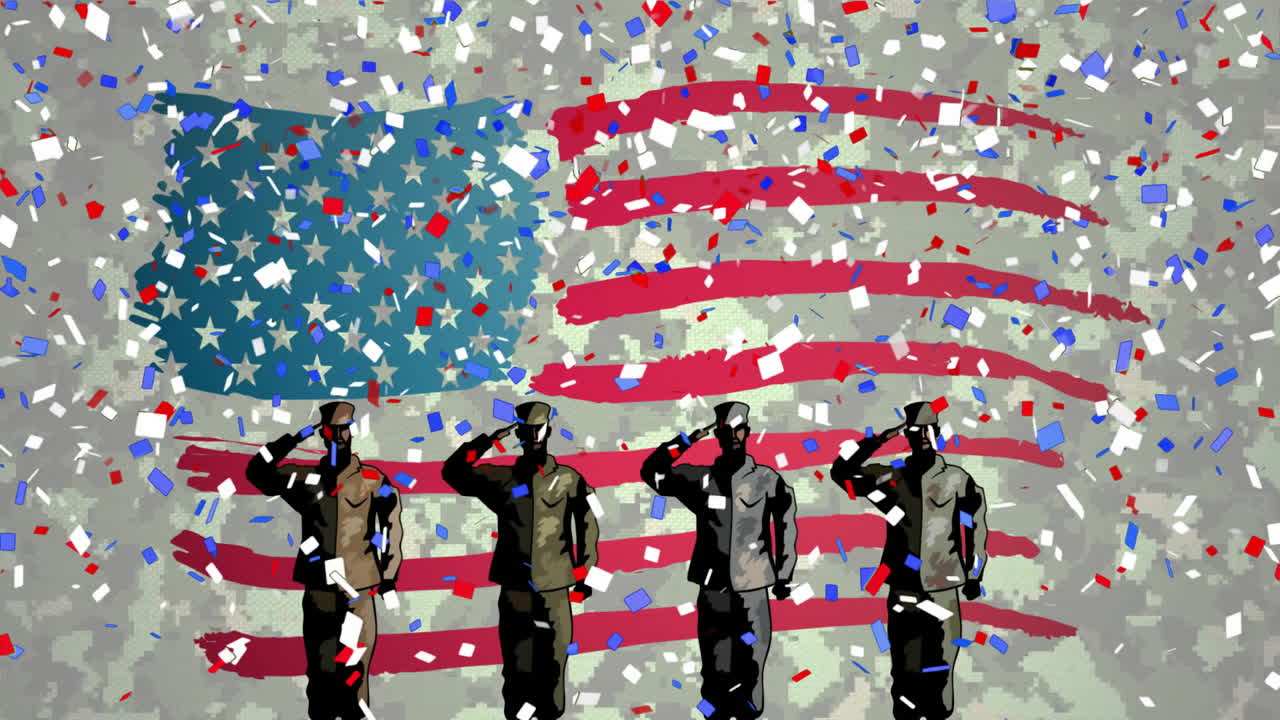 Saluting soldiers animation with American flag background and confetti falling