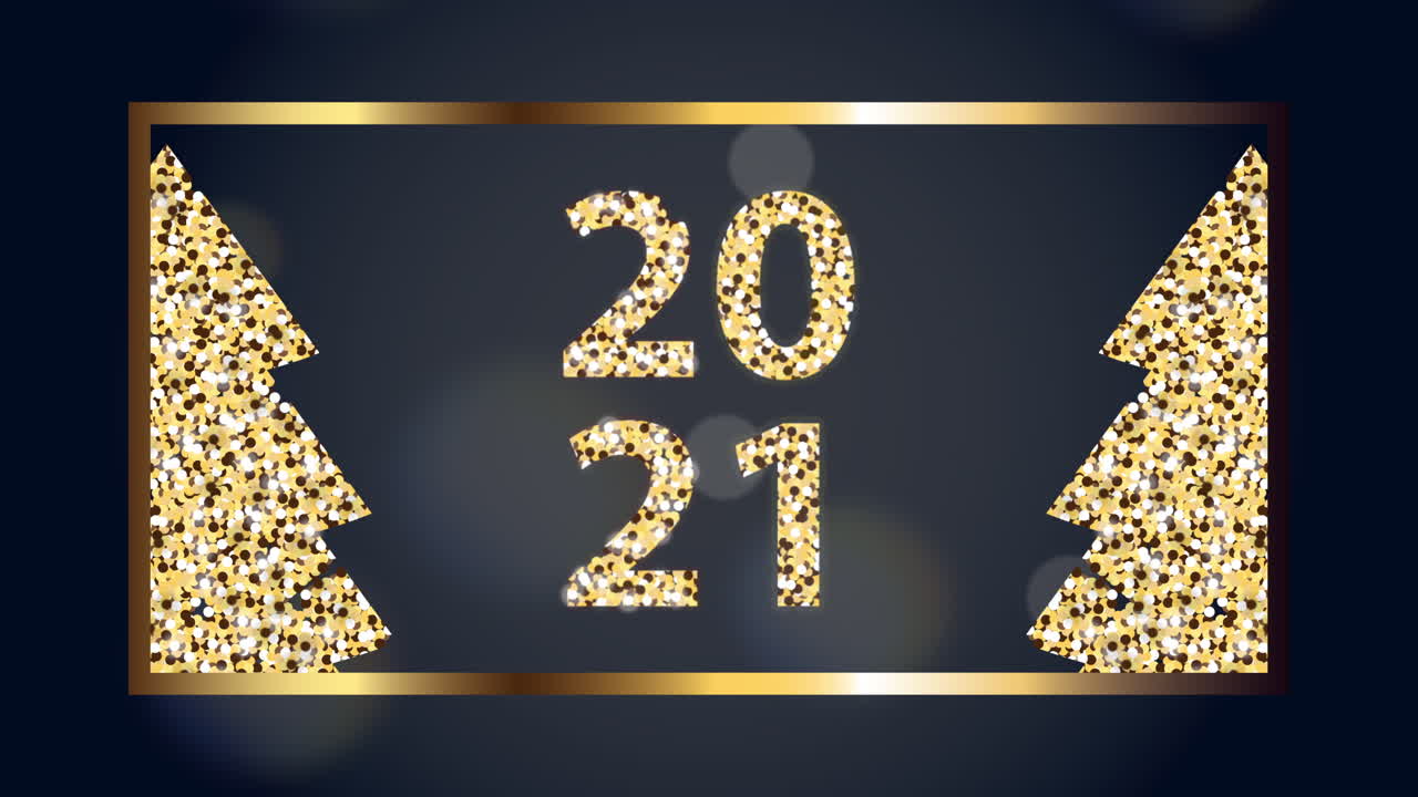 la víspera de año nuevo 2021: brillo dorado y diseño gráfico del árbol de navidad