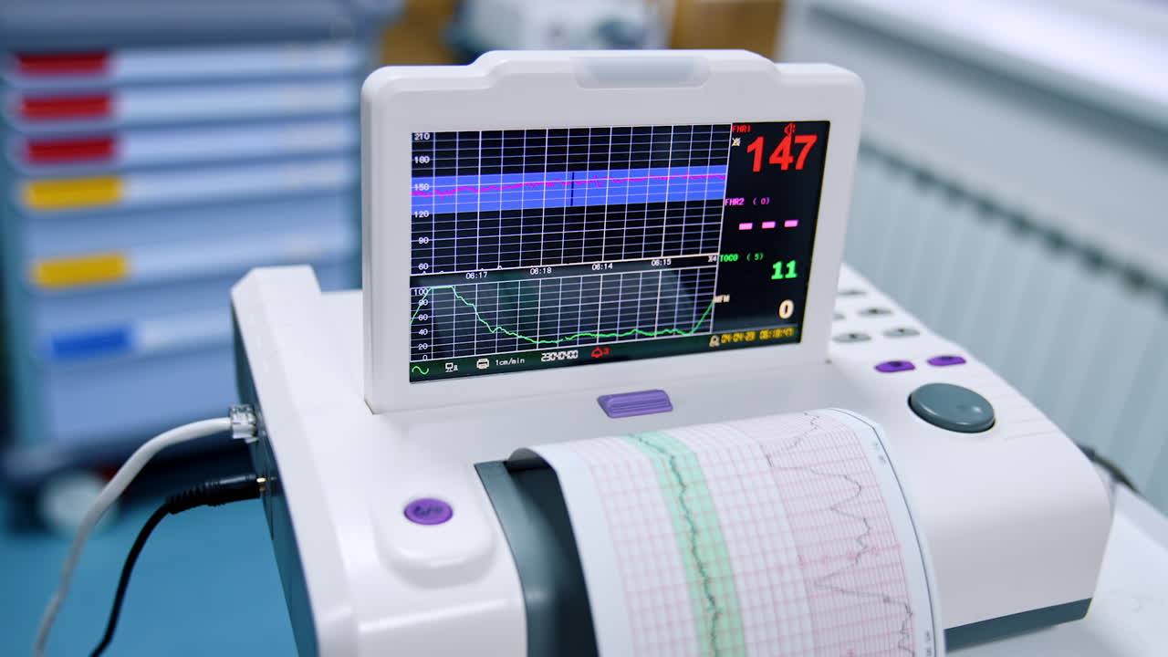 Monitor of the cardiograph working. Device for heart examination and diagnostics. Top view close up.
