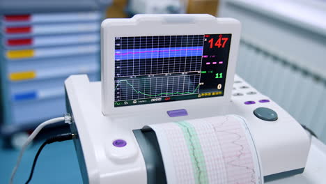 monitor of the cardiograph working. device for heart examination and diagnostics. top view close up.