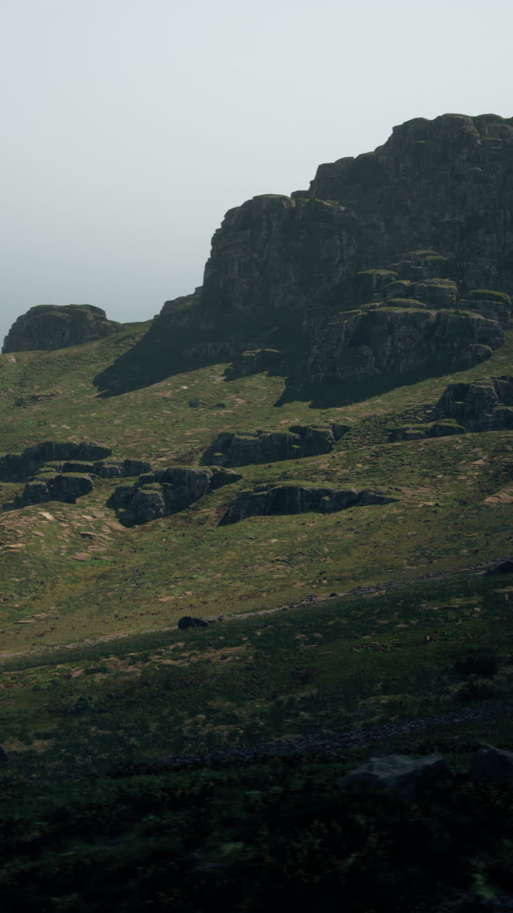 Paesaggio montano con erba verde e rocce