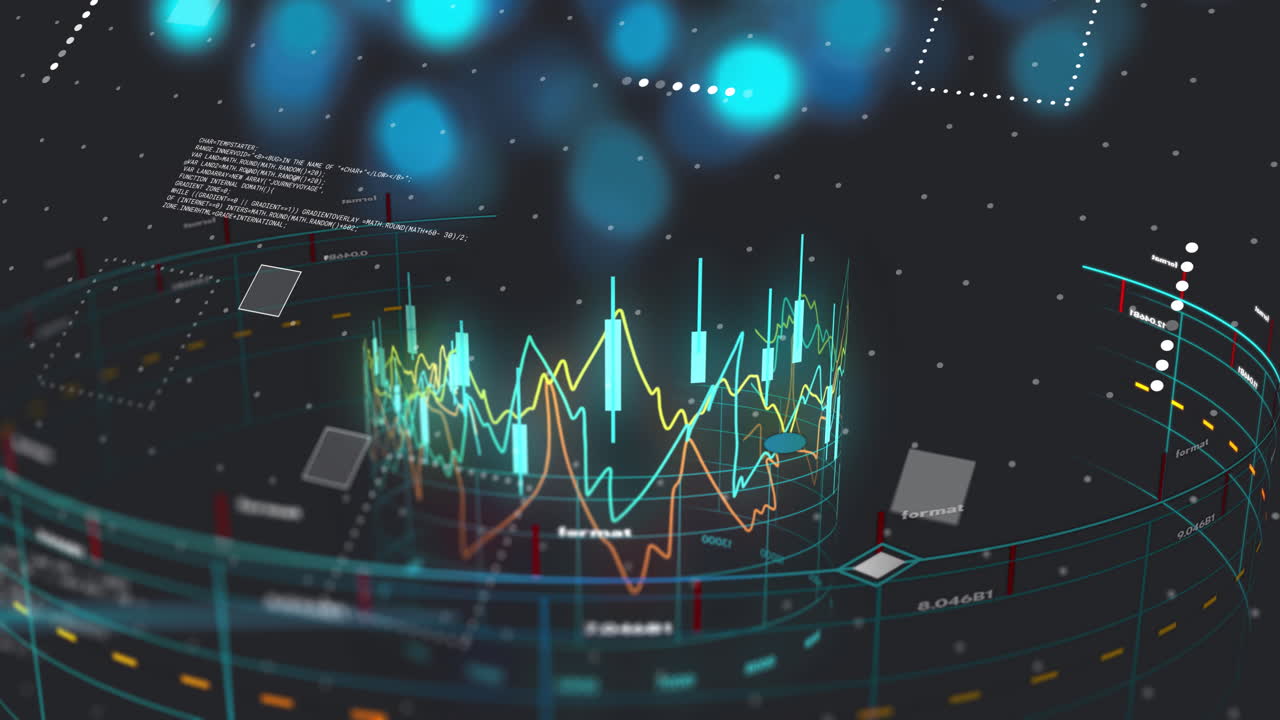 Animation of financial data processing over dark background