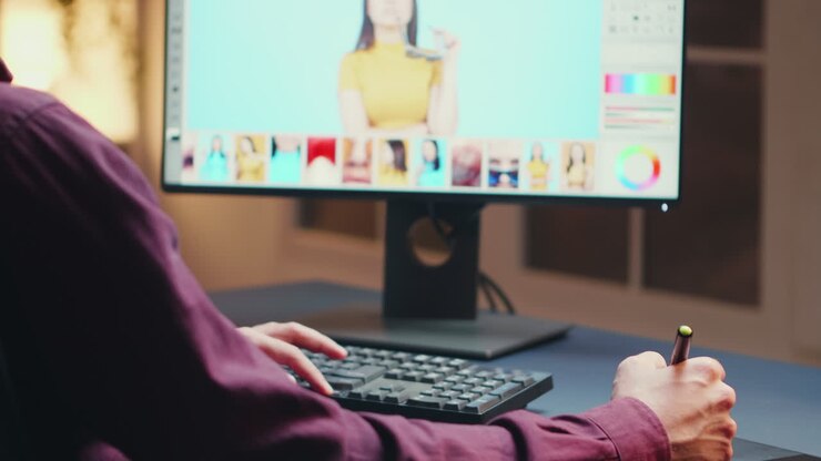 Close up of freelancer retouching working on photos