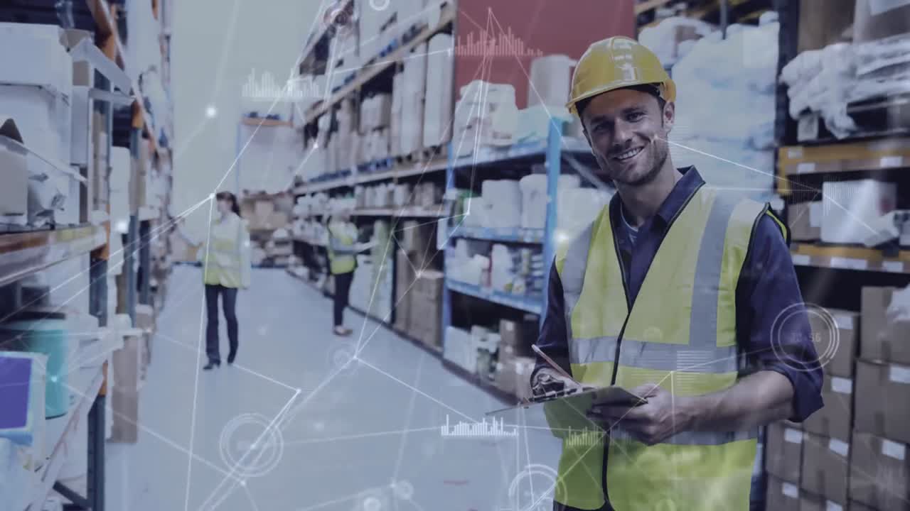 composición del almacén del hombre en el almacén combinado con la animación de las cosas conectadas