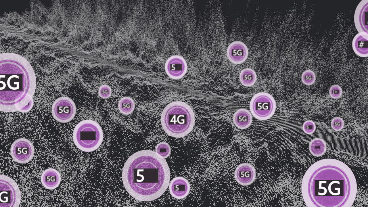 Animation of 5G and 4G symbols over digital landscape with particle waves
