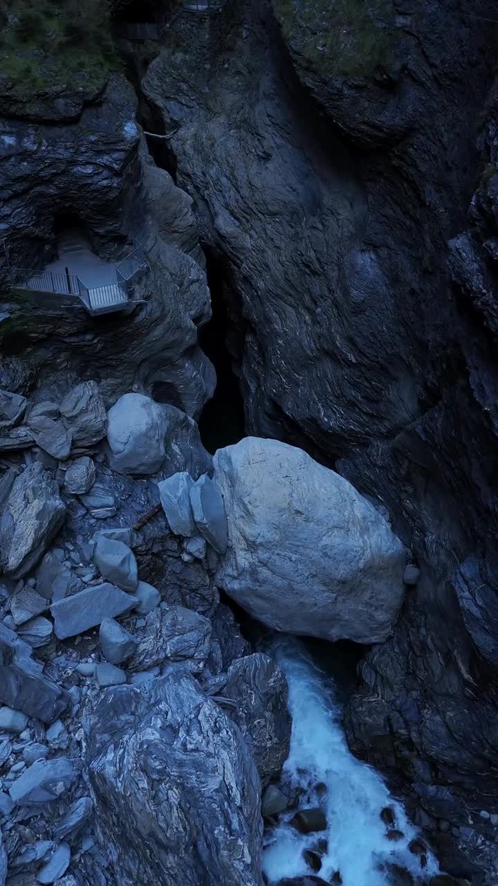 Viamala gorge alpine mountain tourist attraction in Switzerland, aerial drone