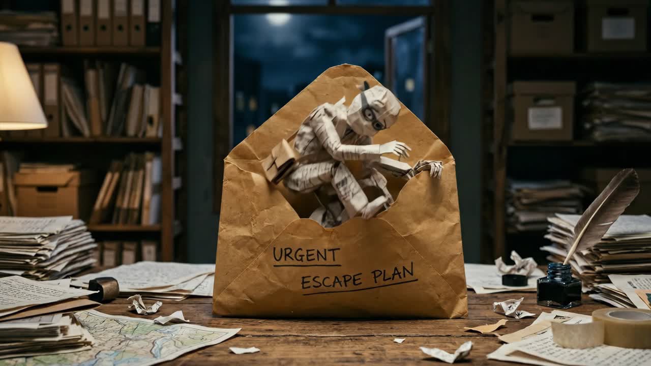 Paper Figure Escaping from an Urgent Escape Plan Envelope