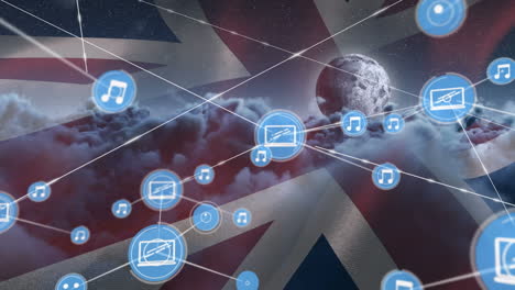 animación de la red de conexión e iconos sobre la bandera del reino unido y el cielo nublado