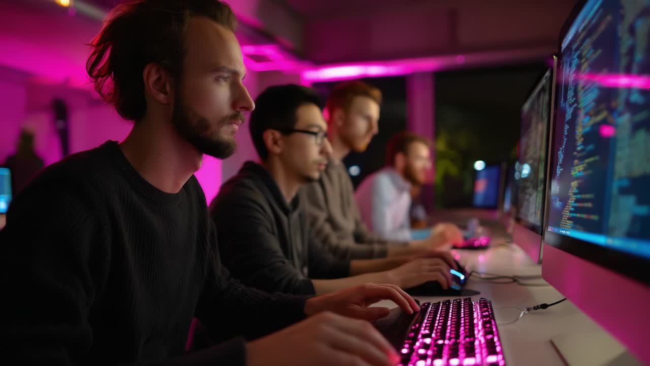 A focused group of skilled programmers engaged in collaborative coding under the glow of vibrant pink lighting, utilizing advanced technology and innovative strategies to develop groundbreaking software solutions