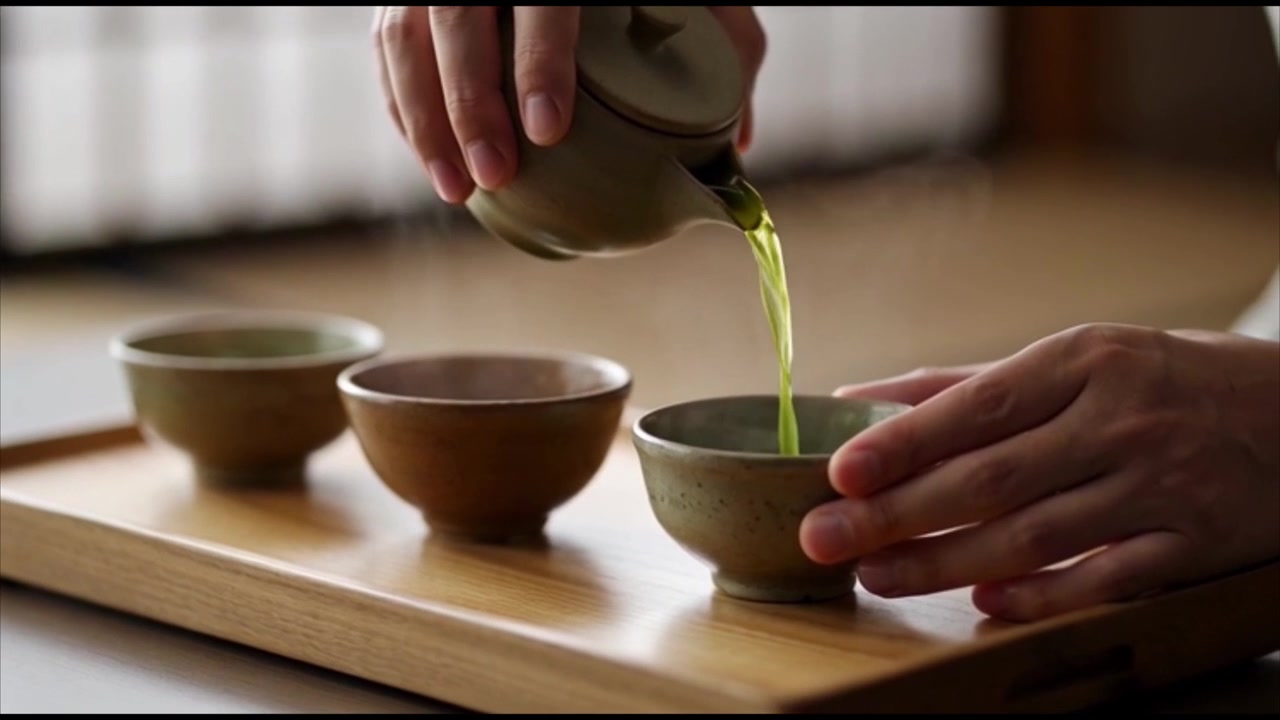 Persona che versa tè verde caldo in tazze di ceramica