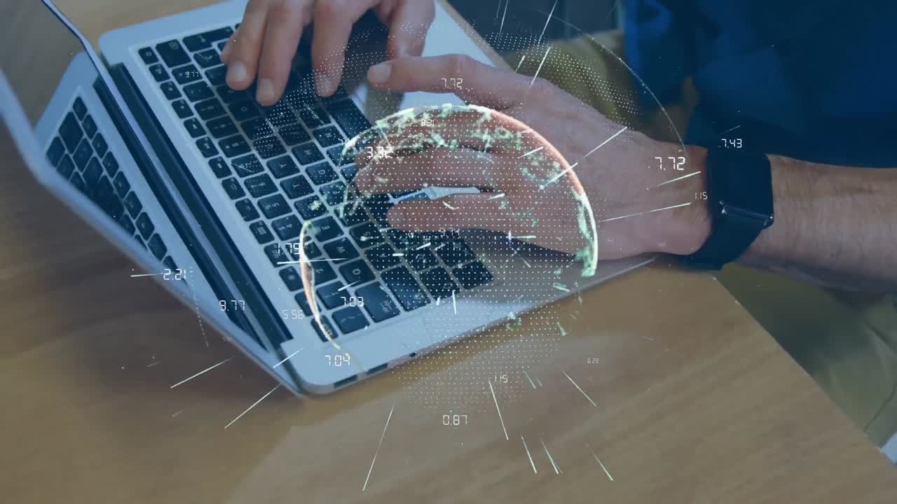 animación del globo con una red de conexiones sobre el hombre usando una computadora portátil