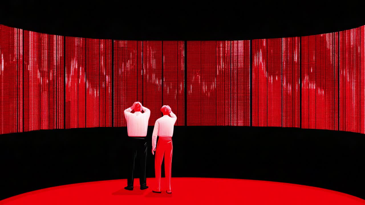 Two figures stand in a dimly lit, immersive space filled with vibrant red digital displays, reflecting emotional tension and a sense of unease regarding fluctuating data and trends