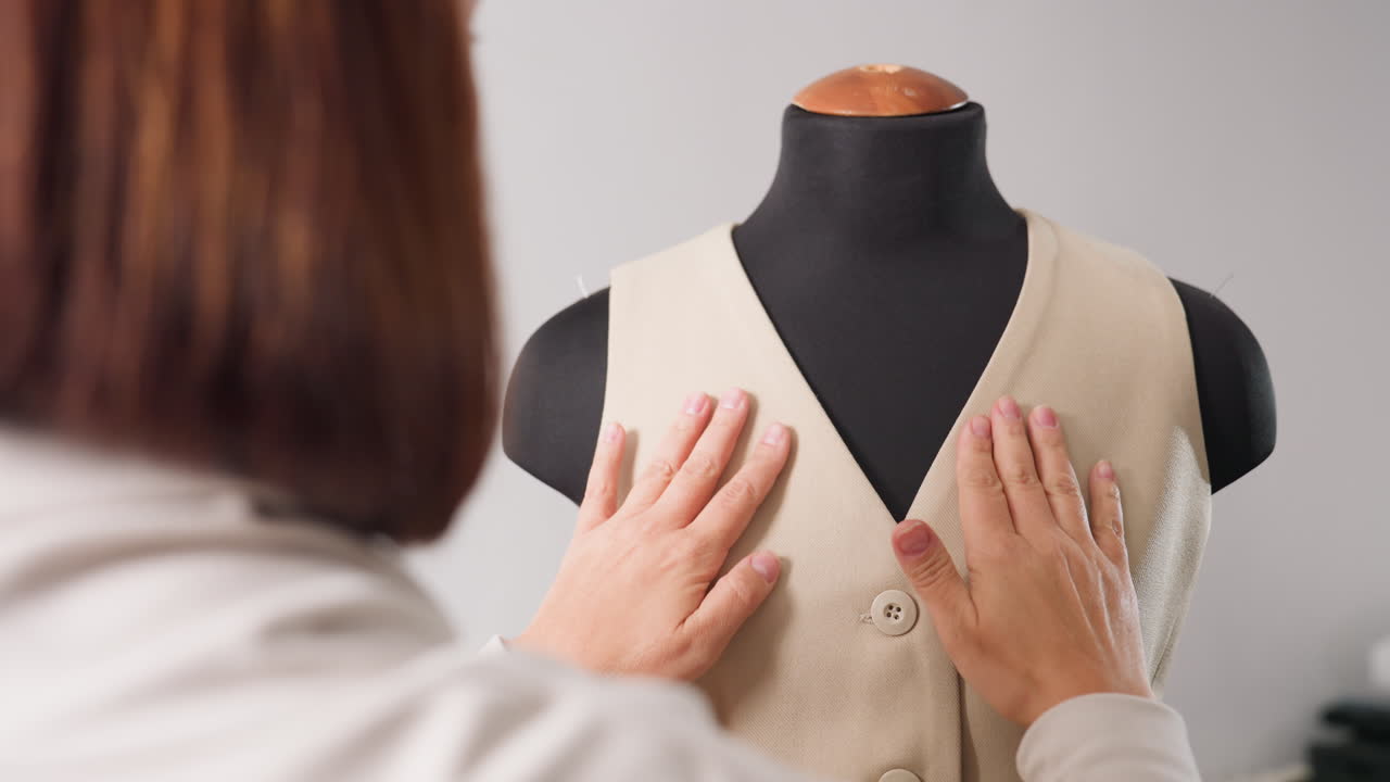 Back view garment maker adjusts beige sleeveless vest on black mannequin, hands smoothing shoulders, aligning seams, ensuring drape during meticulous fitting inside minimalist fashion studio