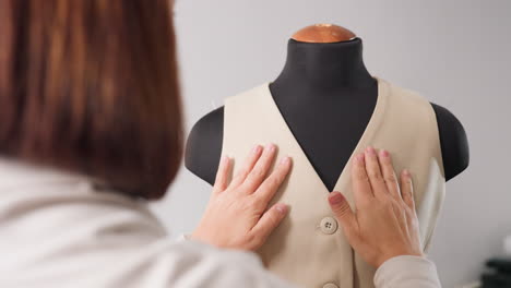 back view garment maker adjusts beige sleeveless vest on black mannequin, hands smoothing shoulders, aligning seams, ensuring drape during meticulous fitting inside minimalist fashion studio
