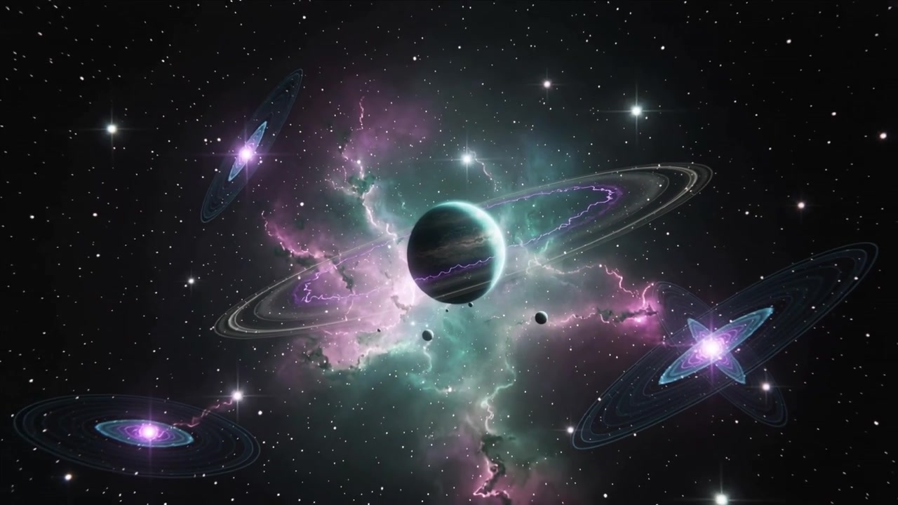 Pulling back cam showing central ringed planet in teal magenta nebula to reveal purple arcs, moons