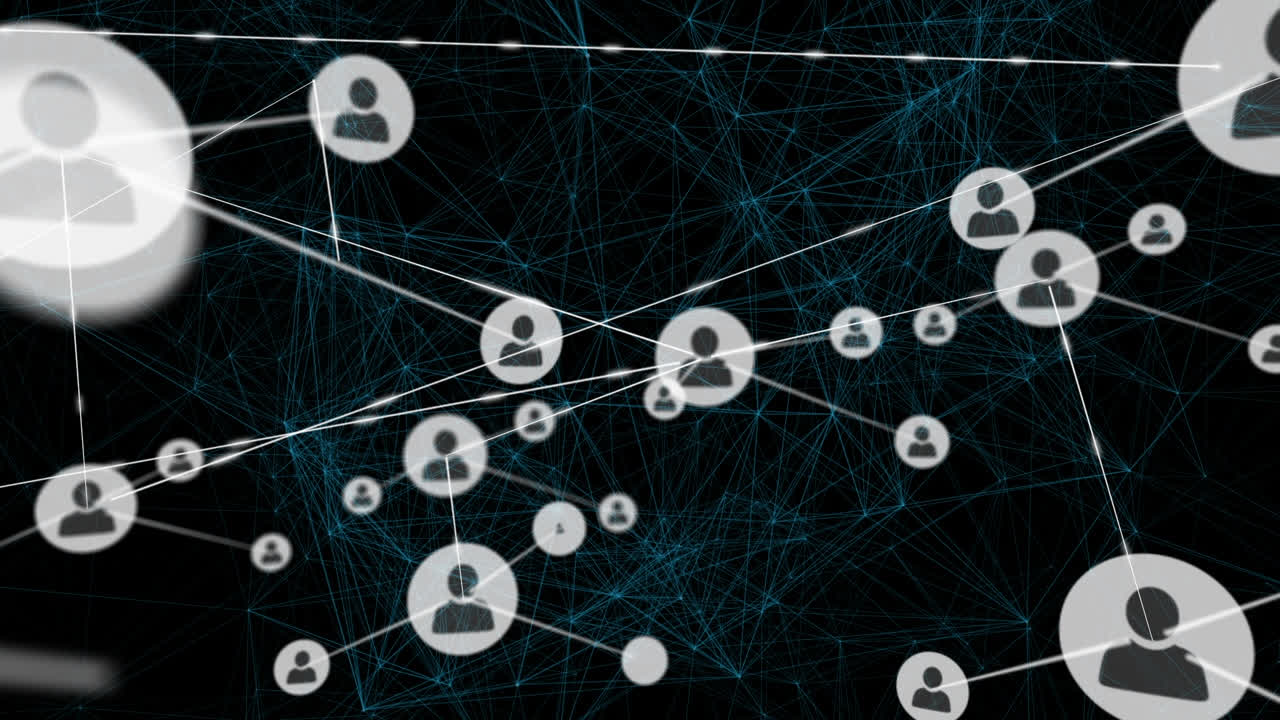 animación de la red de conexiones con iconos en fondo negro