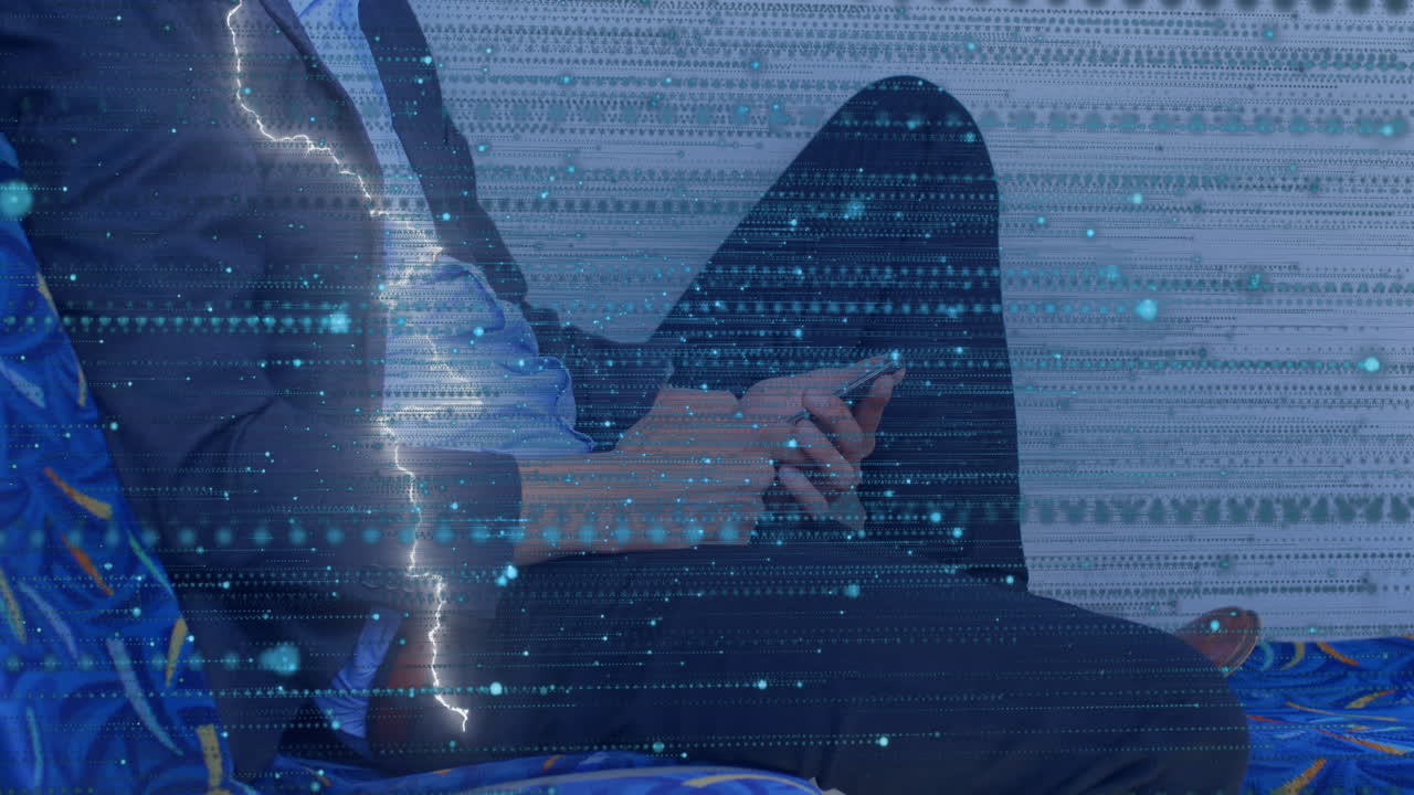 Business user interacting with smartphone showing data overlay, presenting flat design theme