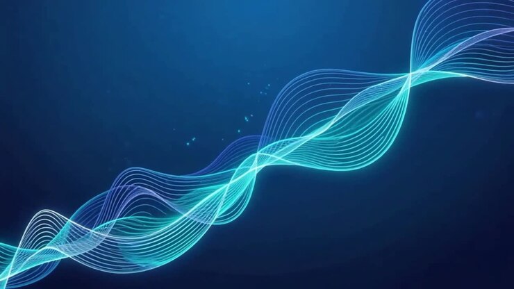 Eleganti onde luminose fluide su sfondo blu scuro che rappresentano un segnale sonoro o un concetto di trasmissione dati