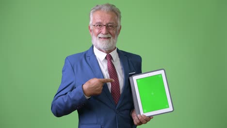 hombre de negocios barbudo y guapo contra un fondo verde.