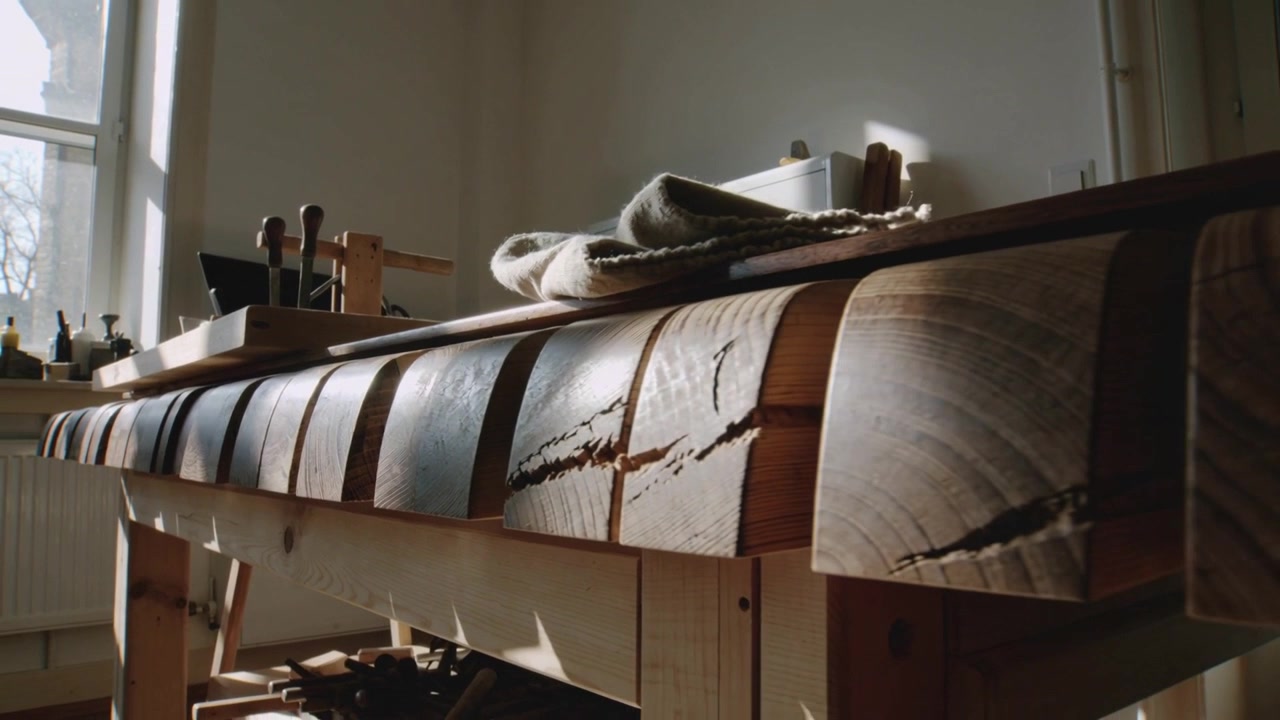Telecamera in panning che mostra una panca di legno in un negozio, rivelando crepe sulla venatura di testa, uno straccio e morsetti che evidenziano la venatura.