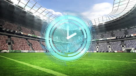 digital clock animation over soccer stadium with green field and cheering crowd
